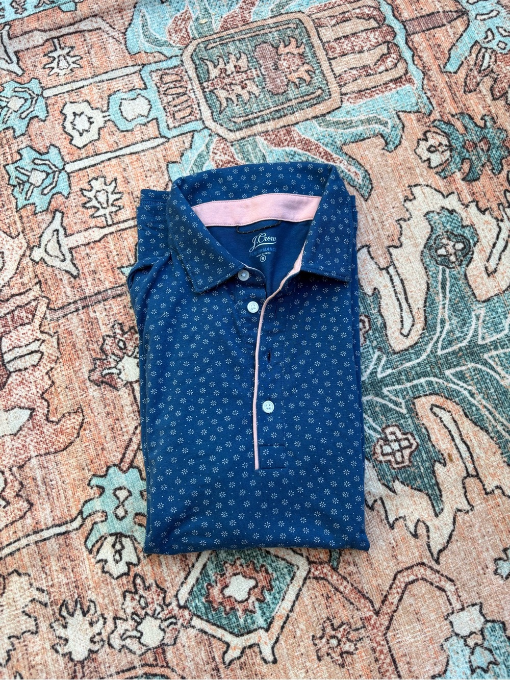 J. Crew Navy Micro-Print Polo with Pink Contrast